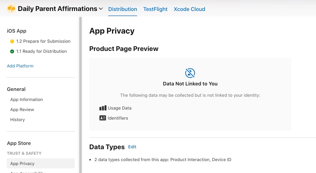 App Privacy — Data Not Linked to You